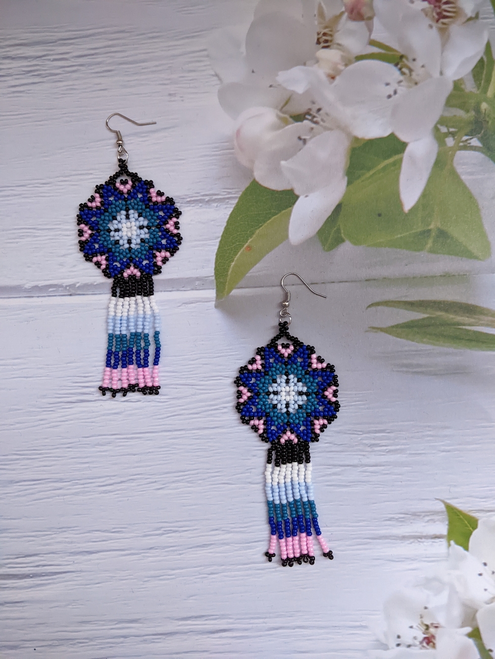 Blue & Pink Beaded Fringe Earrings - Handcrafted Floral Motif